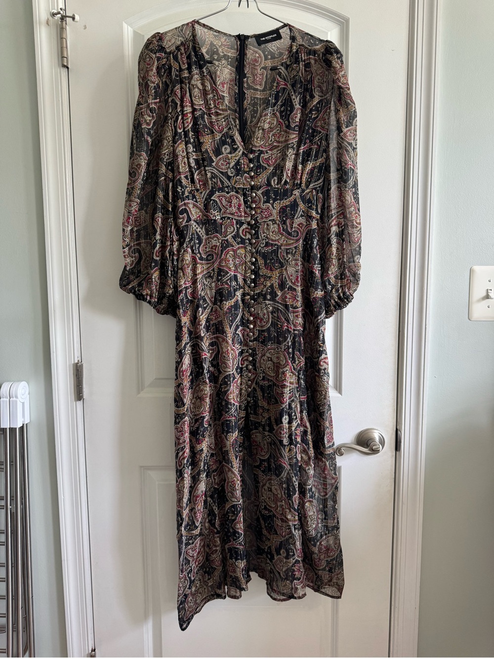 The Kooples | Silk Sheer Metallic Black Paisley Long Sleeve V Neck Buttons Dress